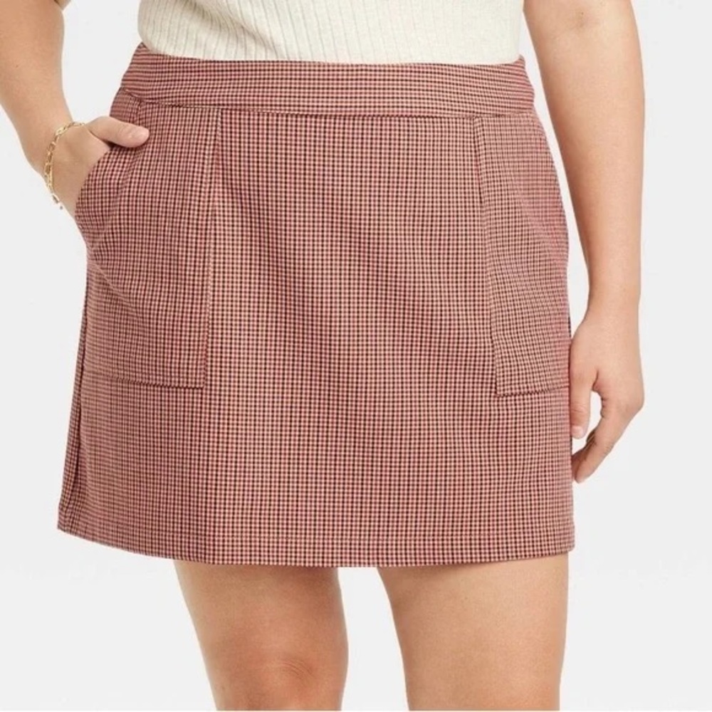 A New Day Brown Plaid Mini Skirt – Pocket Detail (Size S, NWT)